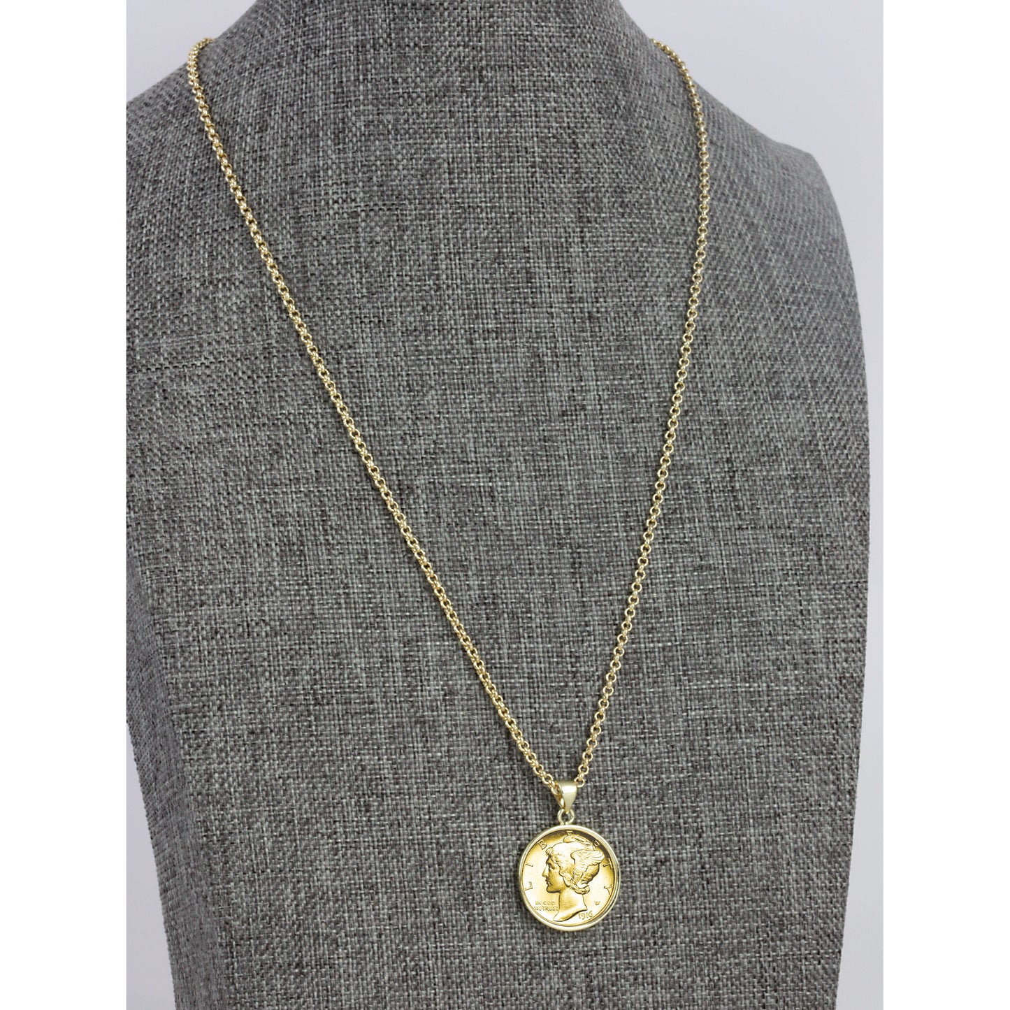1916-1945 Gold-Layered Silver Mercury Dime Gold-tone Coin Pendant Necklace with 18" Chain