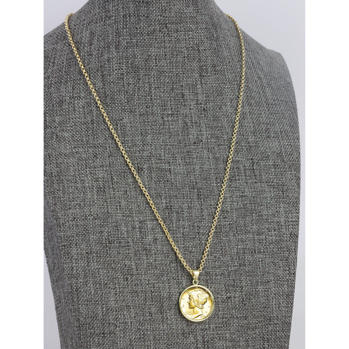 1916-1945 Gold-Layered Silver Mercury Dime Gold-tone Coin Pendant Necklace with 18" Chain