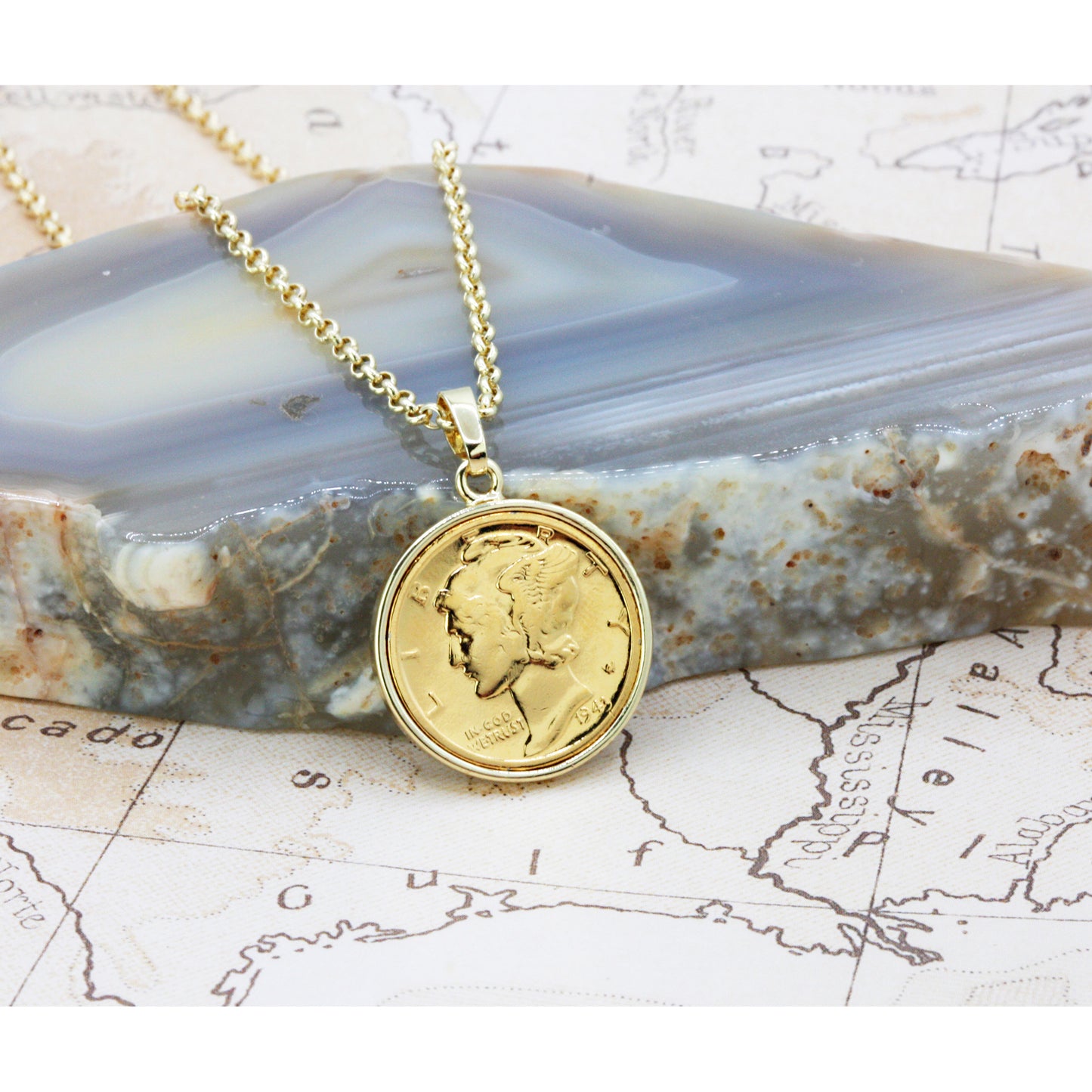 1916-1945 Gold-Layered Silver Mercury Dime Gold-tone Coin Pendant Necklace with 18" Chain
