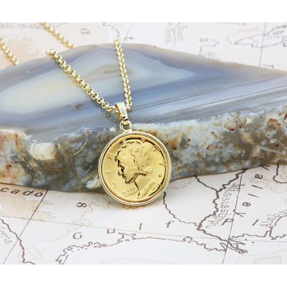 1916-1945 Gold-Layered Silver Mercury Dime Gold-tone Coin Pendant Necklace with 18" Chain