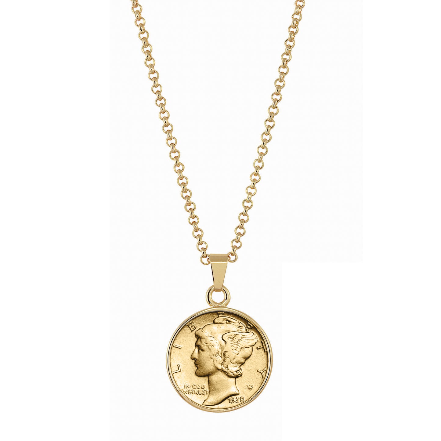 1916-1945 Gold-Layered Silver Mercury Dime Gold-tone Coin Pendant Necklace with 18" Chain