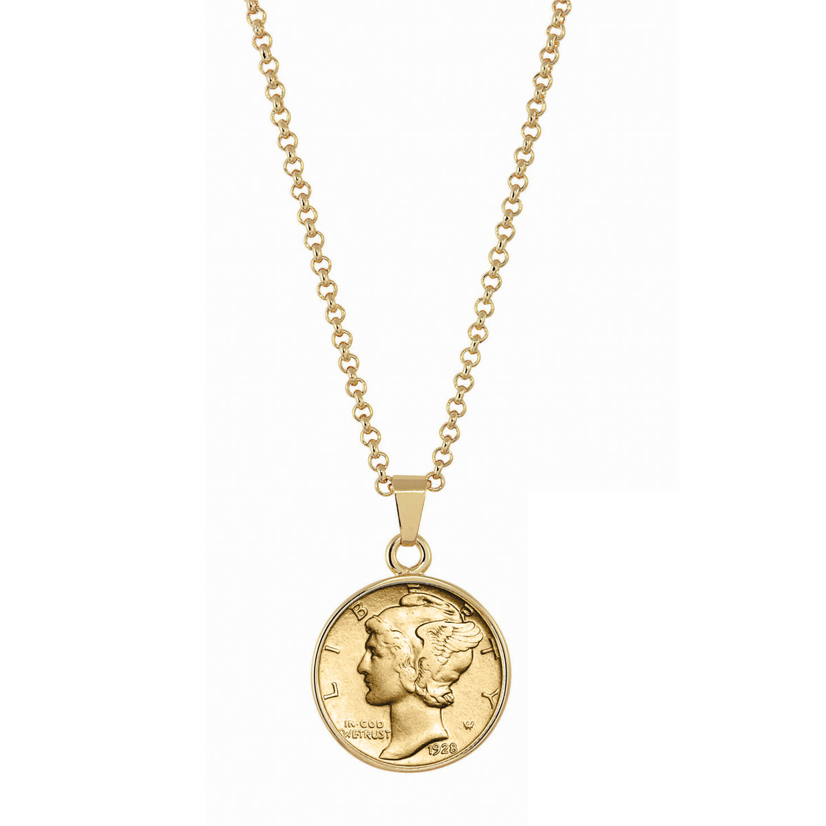 1916-1945 Gold-Layered Silver Mercury Dime Gold-tone Coin Pendant Necklace with 18" Chain