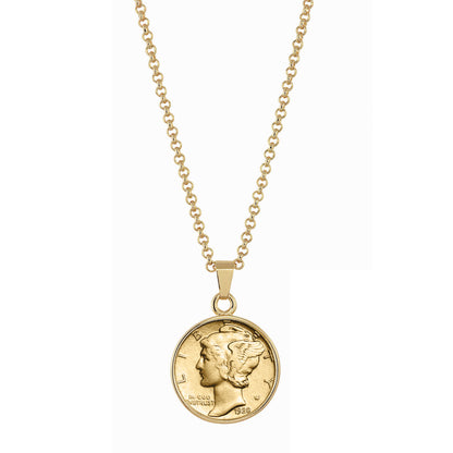 1916-1945 Gold-Layered Silver Mercury Dime Gold-tone Coin Pendant Necklace with 18" Chain