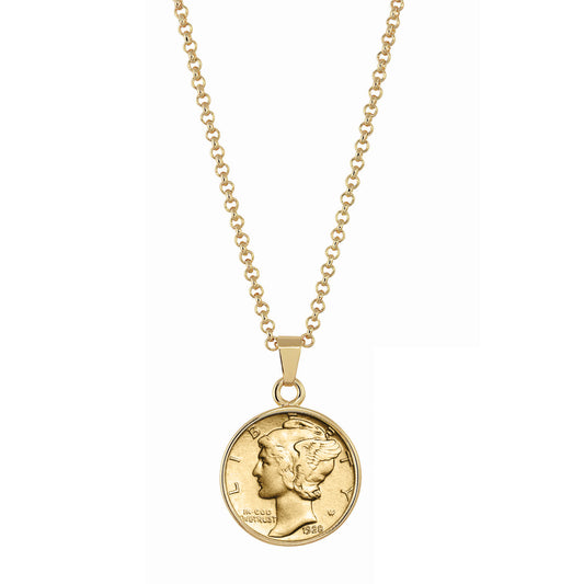 1916-1945 Gold-Layered Silver Mercury Dime Gold-tone Coin Pendant Necklace with 18" Chain