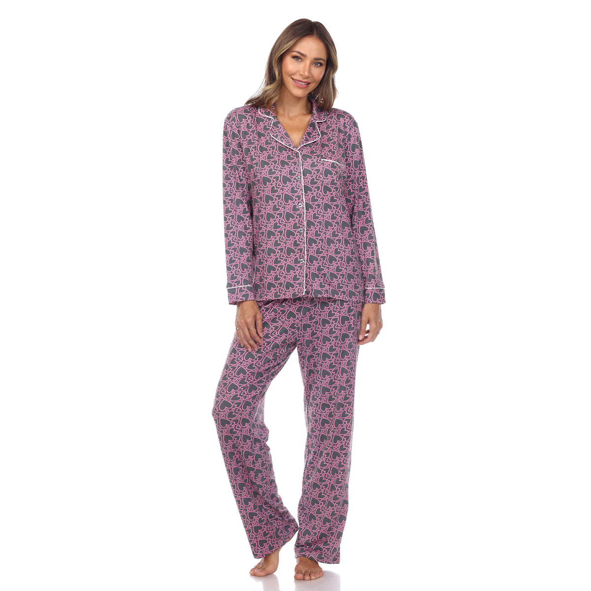 White Mark Women's Long-Sleeve Heart Print Pajama Set