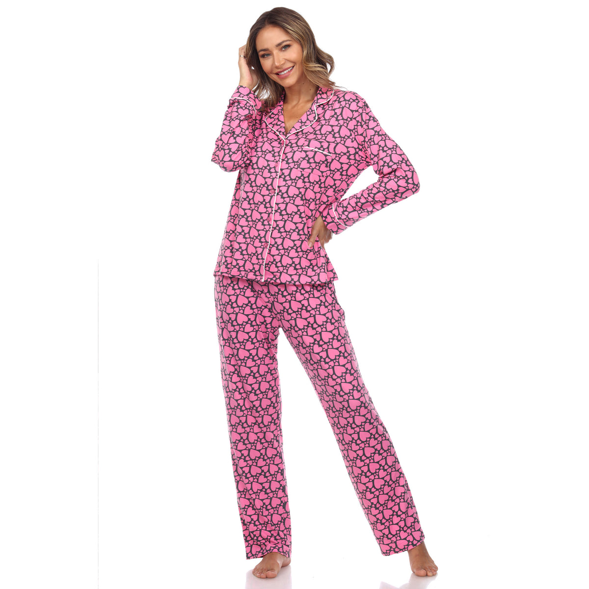 White Mark Women's Long-Sleeve Heart Print Pajama Set