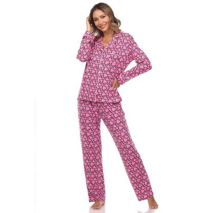 White Mark Women's Long-Sleeve Heart Print Pajama Set