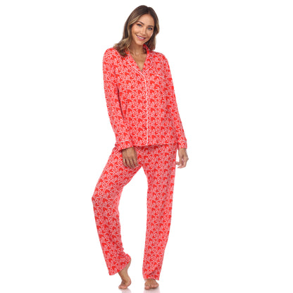 White Mark Women's Long-Sleeve Heart Print Pajama Set