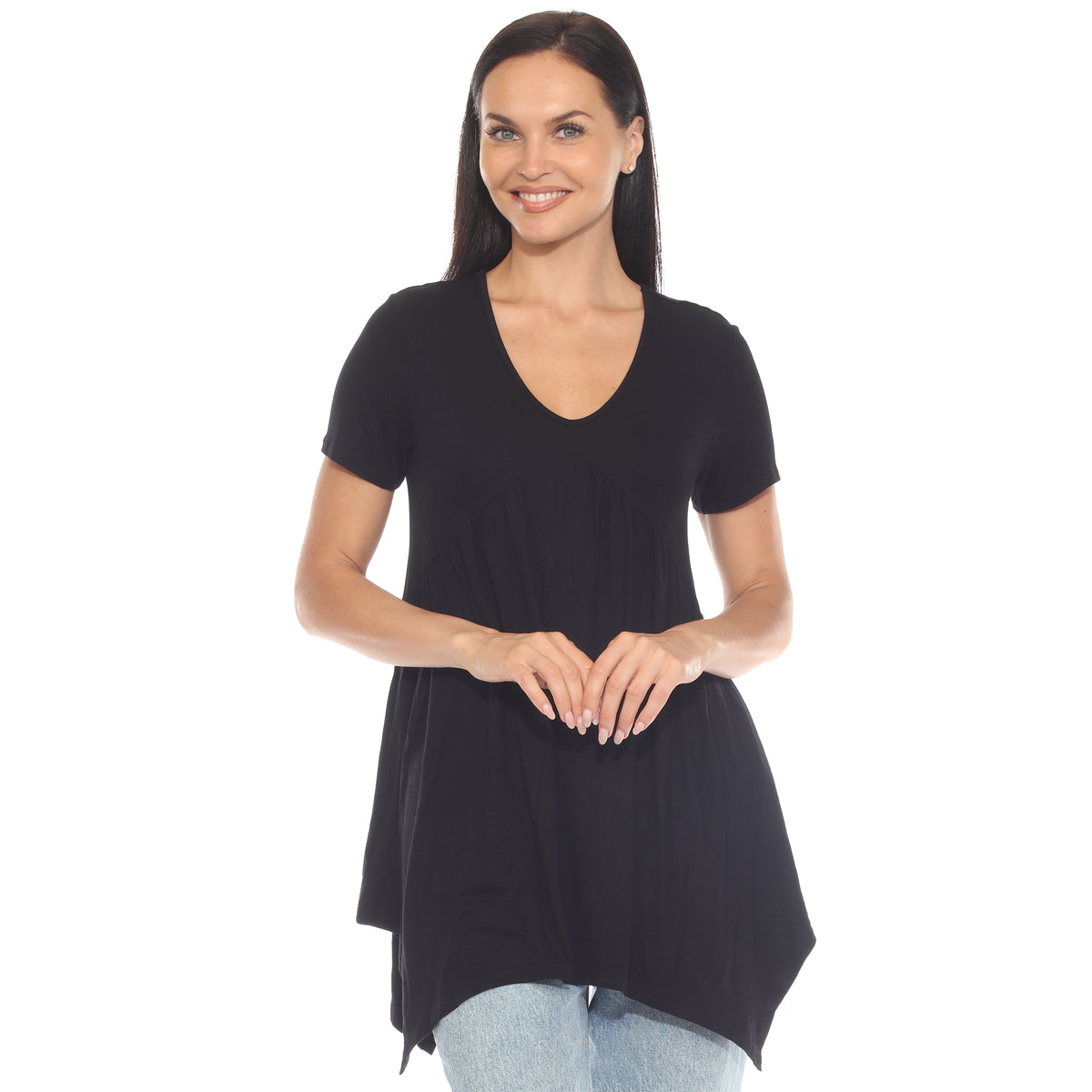 White Mark Women's Short Sleeve Shirred Front Knit Top with Pockets