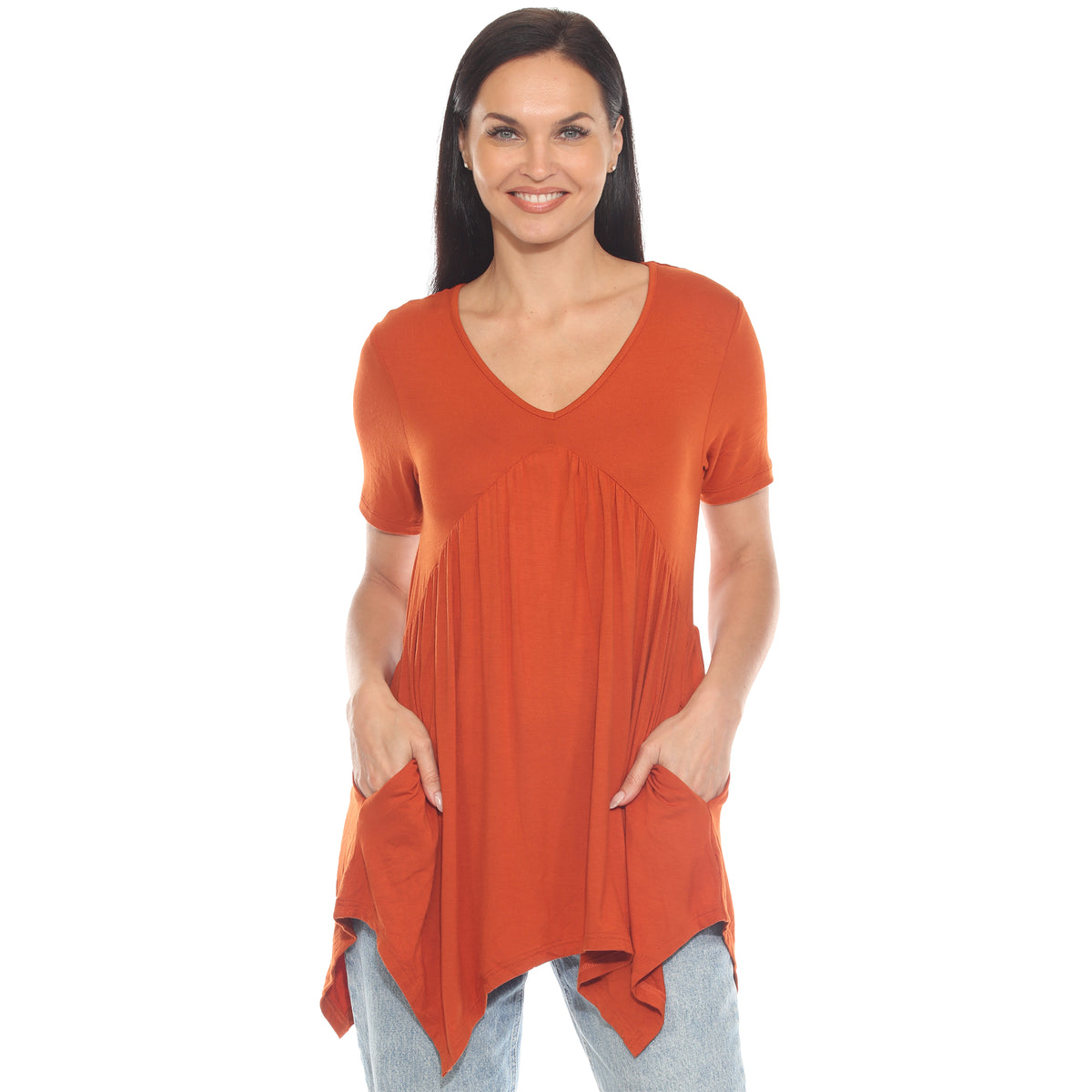 White Mark Women's Short Sleeve Shirred Front Knit Top with Pockets