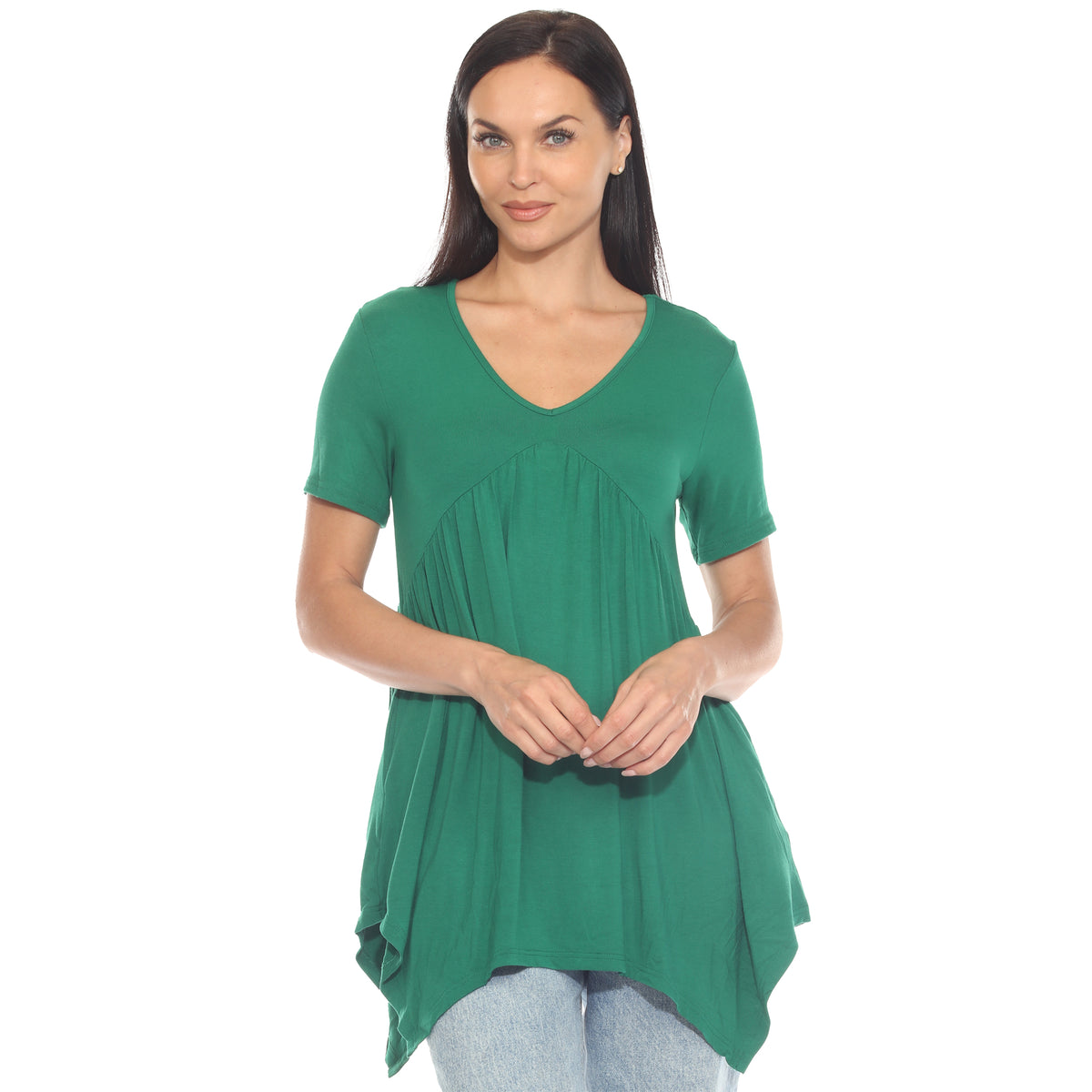 White Mark Women's Short Sleeve Shirred Front Knit Top with Pockets