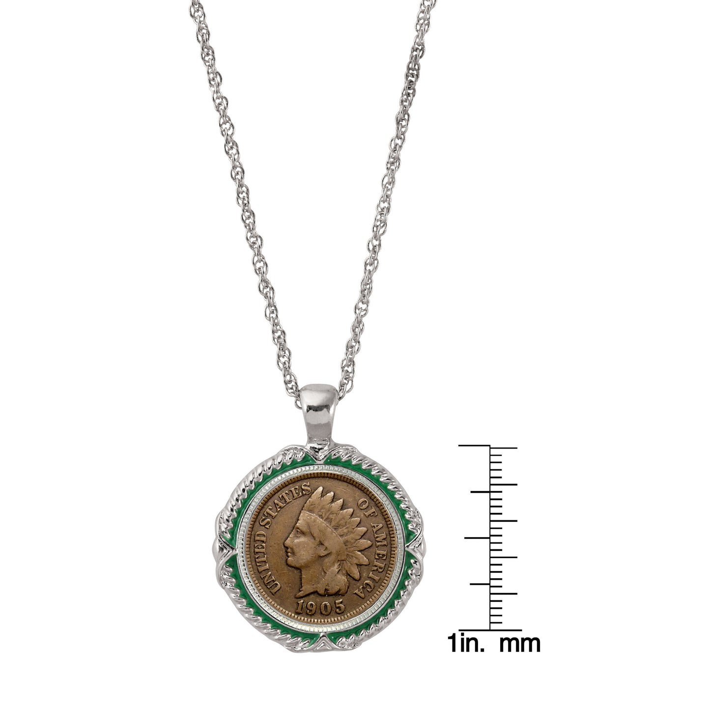 1859-1909 Indian Head Penny Green Enamel Coin Pendant Necklace