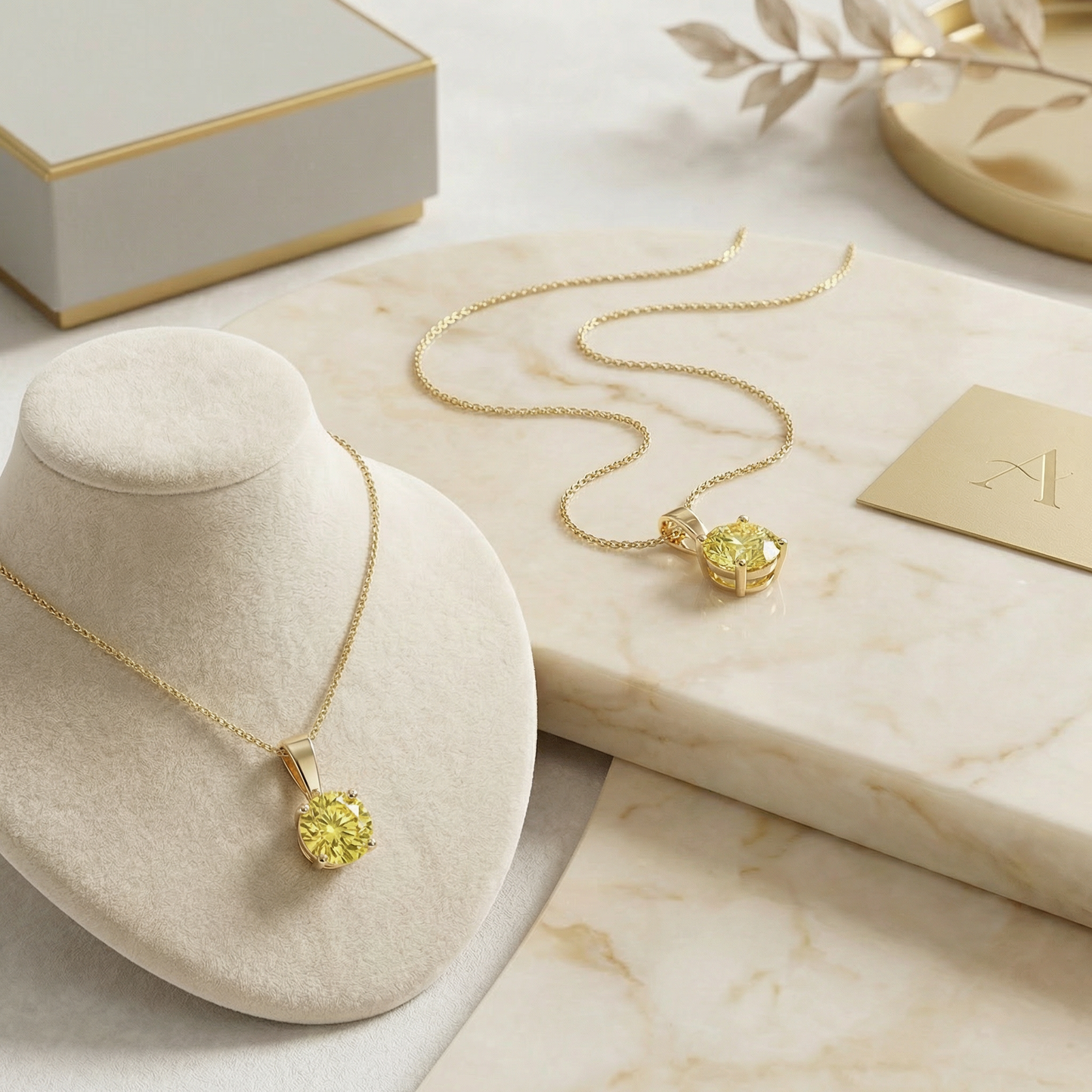 gold necklace featuring a 2ctw yellow lab-grown diamond on a jewelry display table
