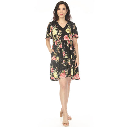 White Mark Women's V-Neck Tropical Flower Short Sleeve Dress