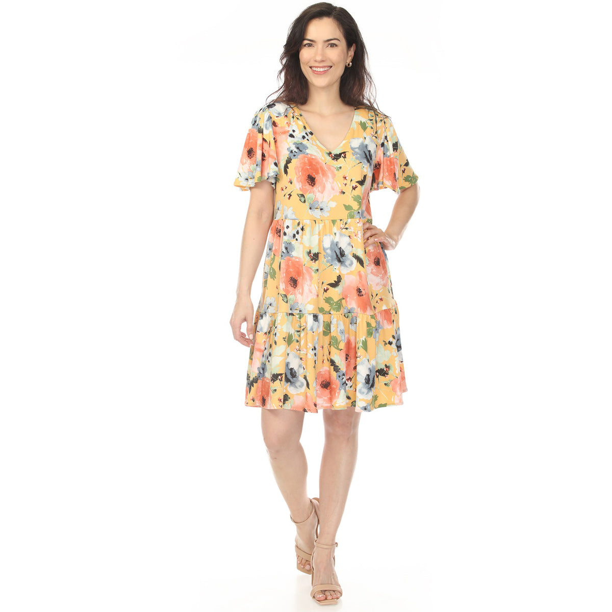 White Mark Women's V-Neck Vintage Floral Short Sleeve Dress