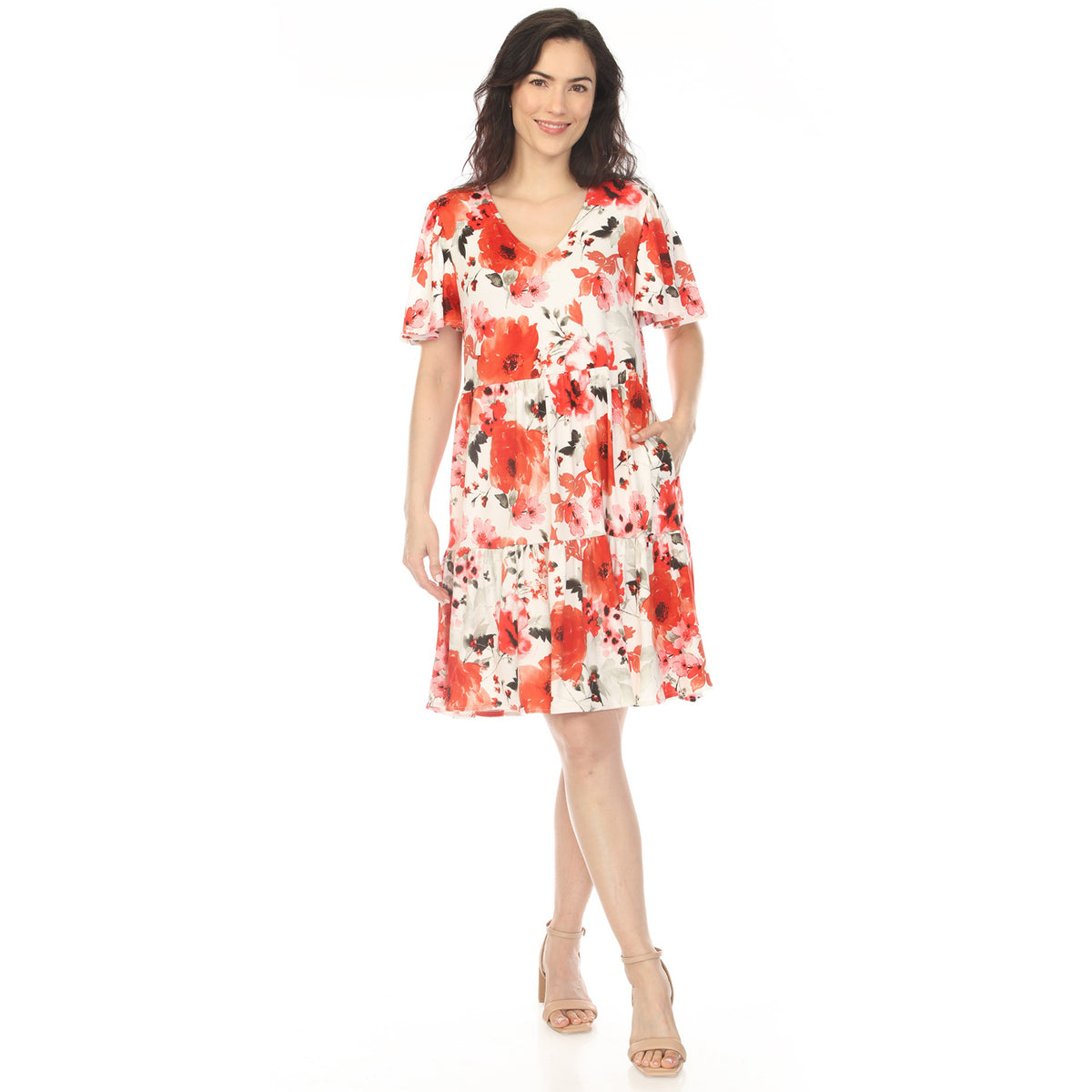 White Mark Women's V-Neck Vintage Floral Short Sleeve Dress
