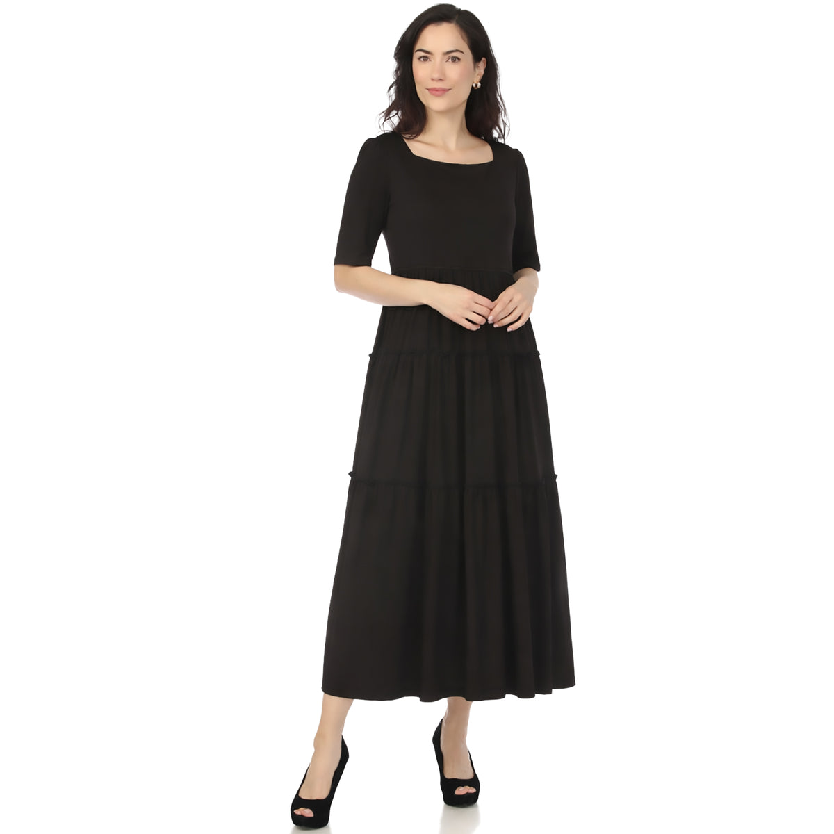 White Mark Women's Square Neck Short Sleeve Tiered Dress
