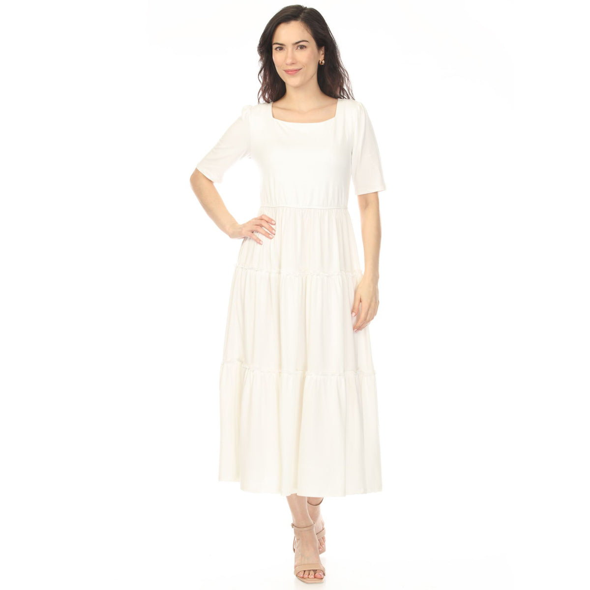 White Mark Women's Square Neck Short Sleeve Tiered Dress
