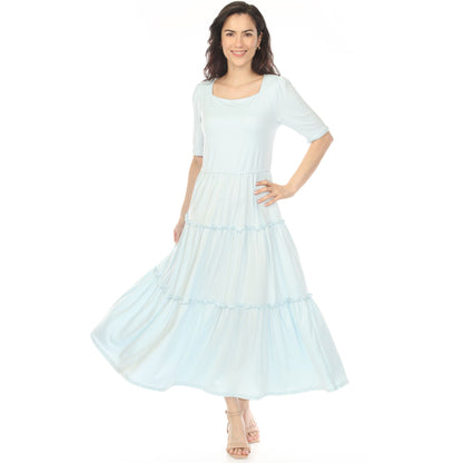 White Mark Women's Square Neck Short Sleeve Tiered Dress