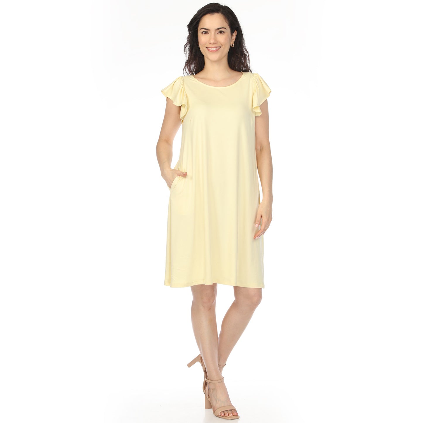 White Mark Women's Crew Neck Ruffle Sleeve Dress