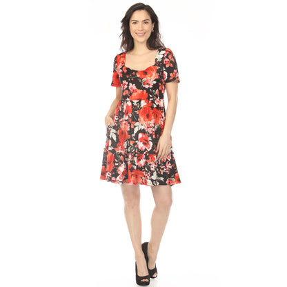 White Mark Women's Square Neck Short Sleeve Floral Dress