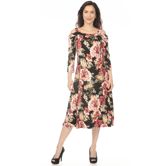 White Mark Women's Cold Shoulder 3/4 Sleeve Dress