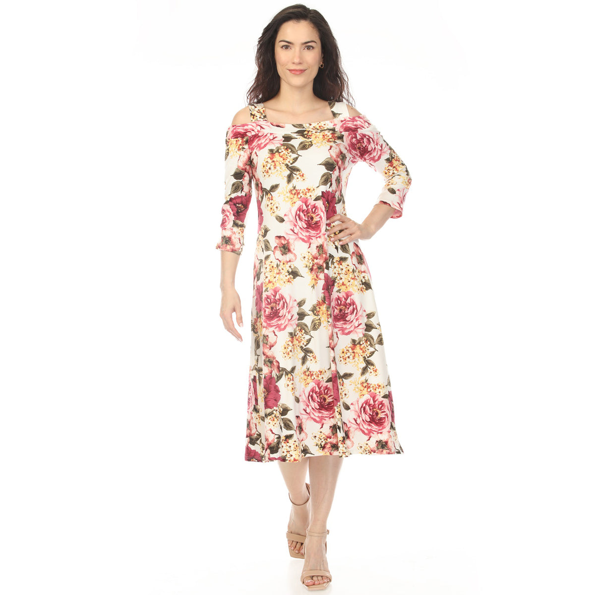 White Mark Women's Cold Shoulder 3/4 Sleeve Dress