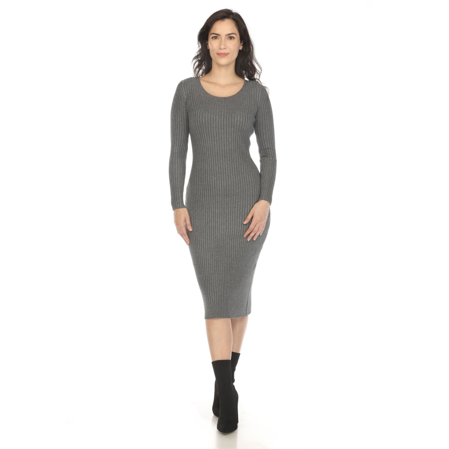 White Mark Women's Long Sleeve Ribbed Midi Sweater Dress
