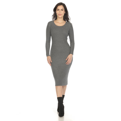 White Mark Women's Long Sleeve Ribbed Midi Sweater Dress