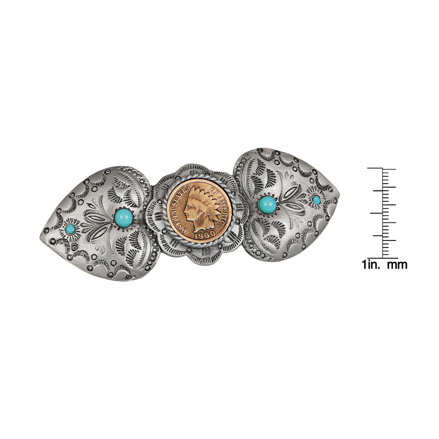 Indian Head Penny Pewter Turquoise Color Glass Western Hair Barrette