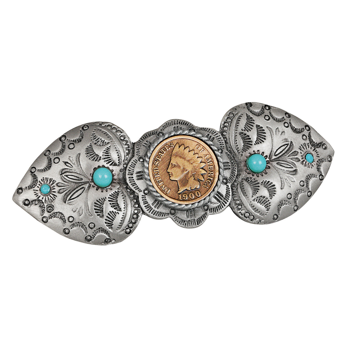 Indian Head Penny Pewter Turquoise Color Glass Western Hair Barrette