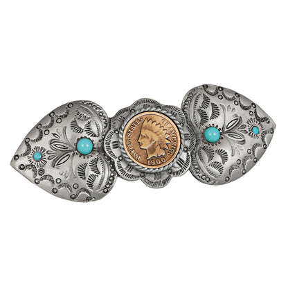 Indian Head Penny Pewter Turquoise Color Glass Western Hair Barrette