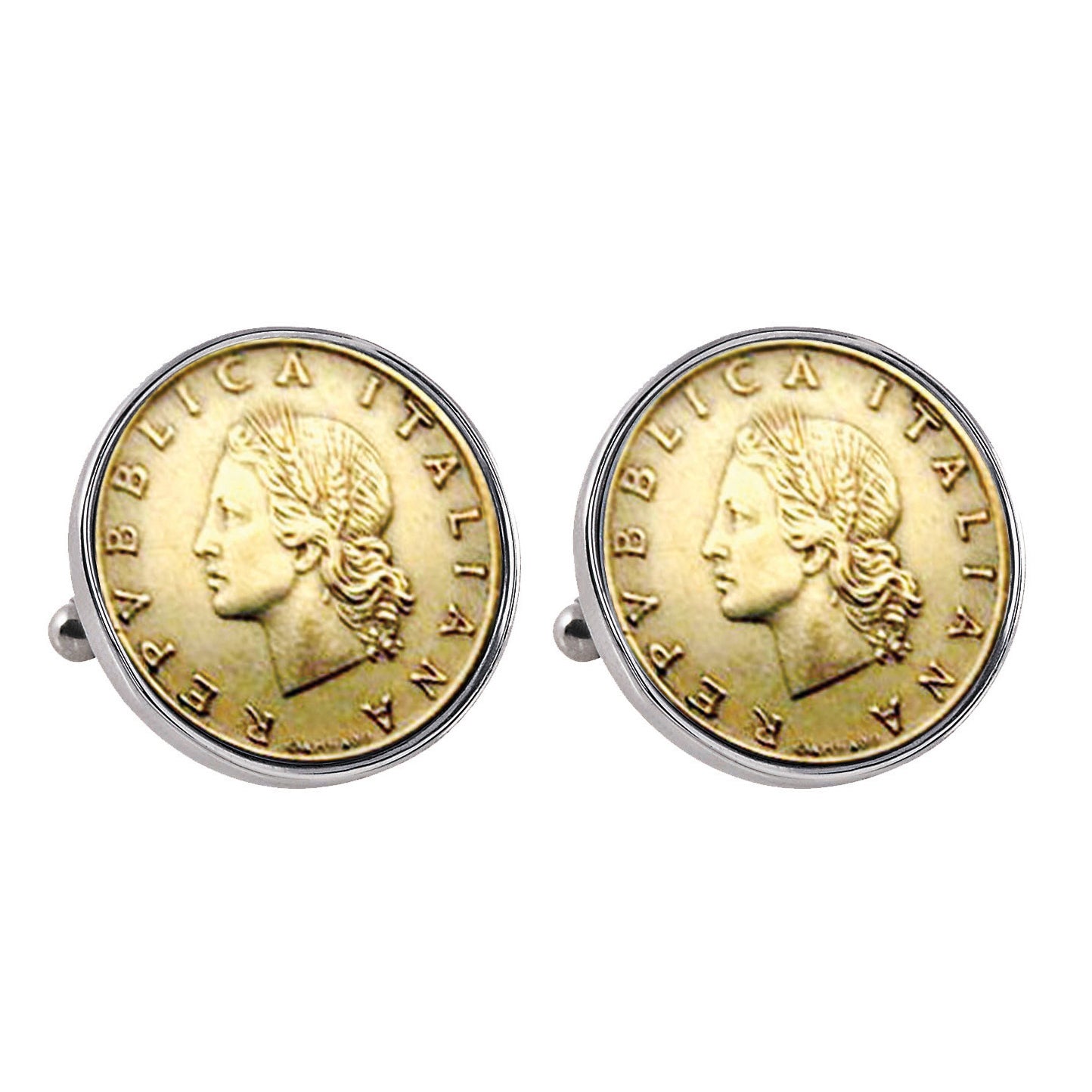1990-1995 Italian Republic Coin Silvertone Bezel Cufflinks