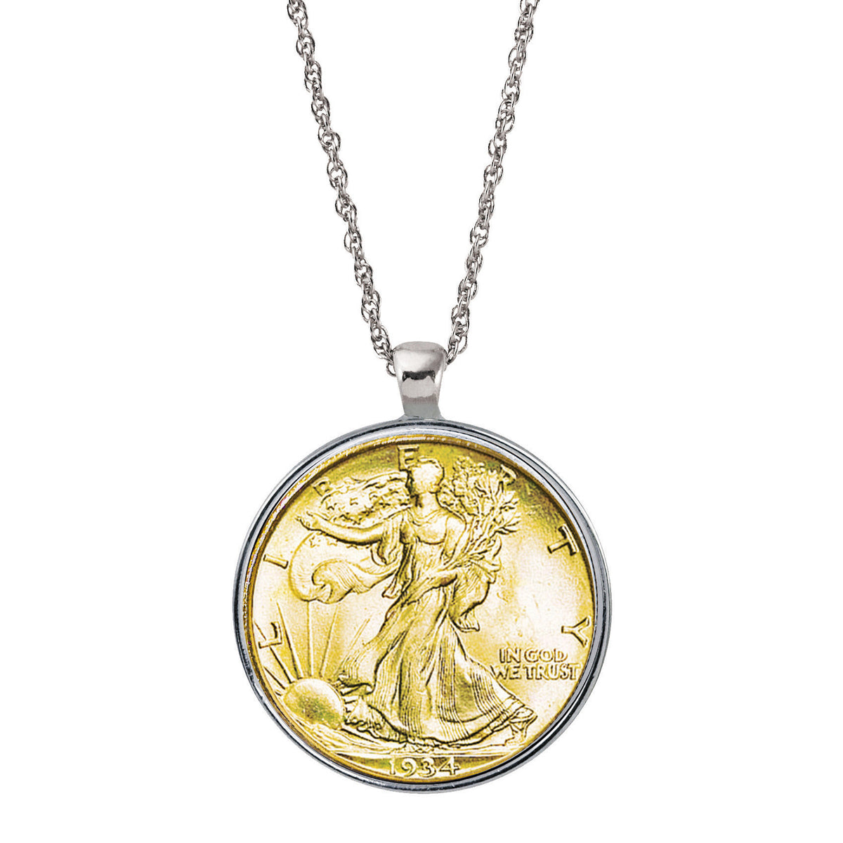 24K Gold Layered Silver Walking Liberty Half Dollar Coin Silver-tone Necklace