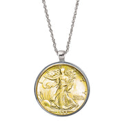 24K Gold Layered Silver Walking Liberty Half Dollar Coin Silver-tone Necklace