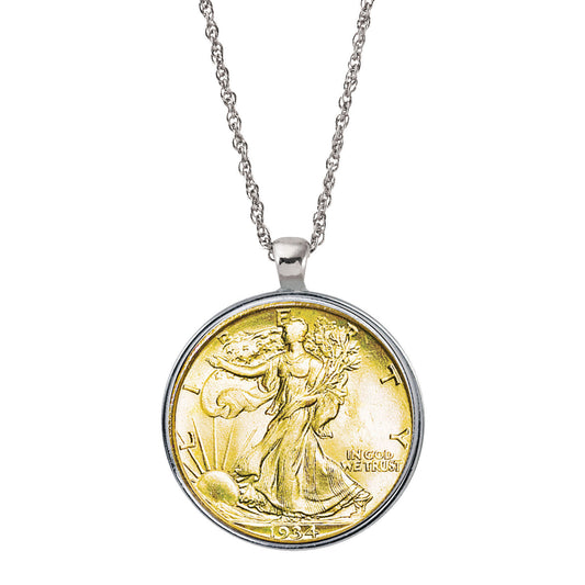 24K Gold Layered Silver Walking Liberty Half Dollar Coin Silver-tone Necklace