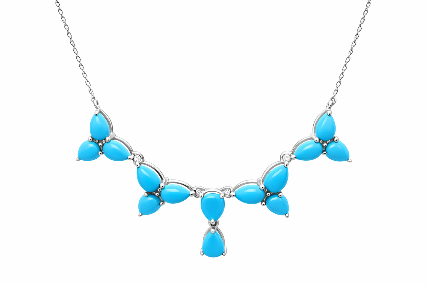 Sterling Silver Sleeping Beauty Turquoise & White Zircon Trillium Flower Necklace