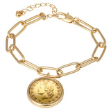Italian Genuine 20 Lira Coin Goldtone Elongated Link Bracelet