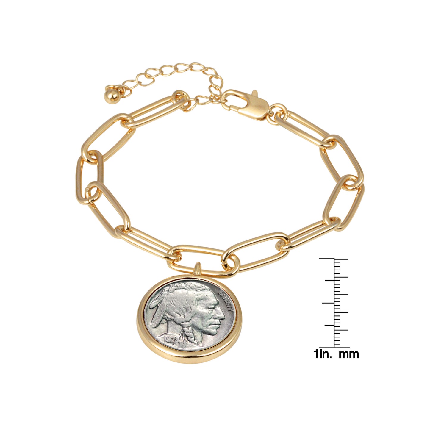 1913-1938 Minted Buffalo Nickel Coin Gold-tone Elongated Link Bracelet