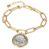 1913-1938 Minted Buffalo Nickel Coin Gold-tone Elongated Link Bracelet