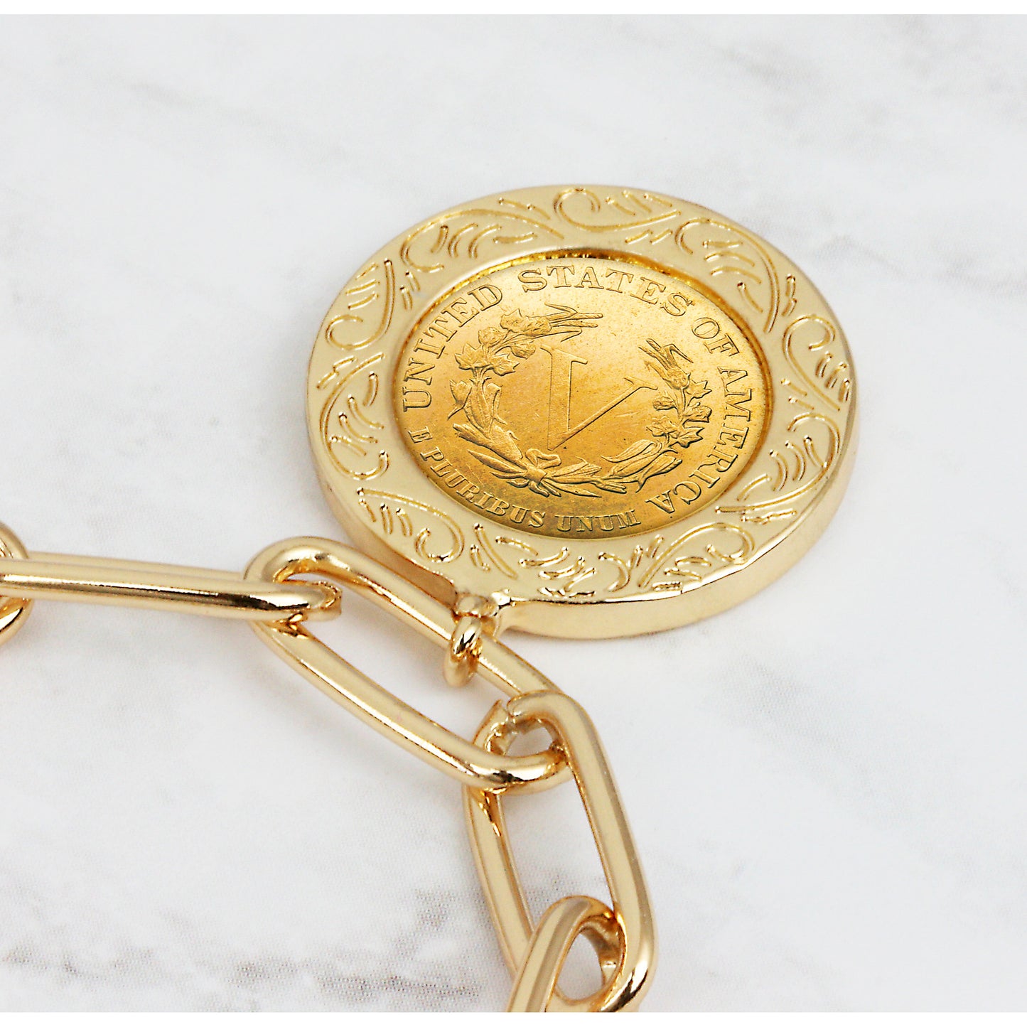1883-1912 Minted Gold Layered Liberty Nickel Coin Gold-tone Elongated Link Bracelet
