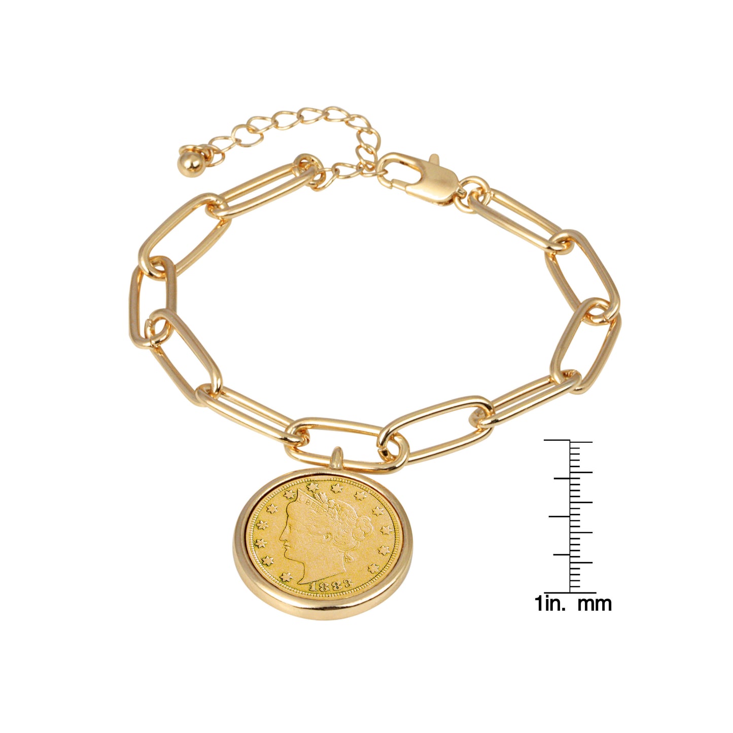 1883-1912 Minted Gold Layered Liberty Nickel Coin Gold-tone Elongated Link Bracelet