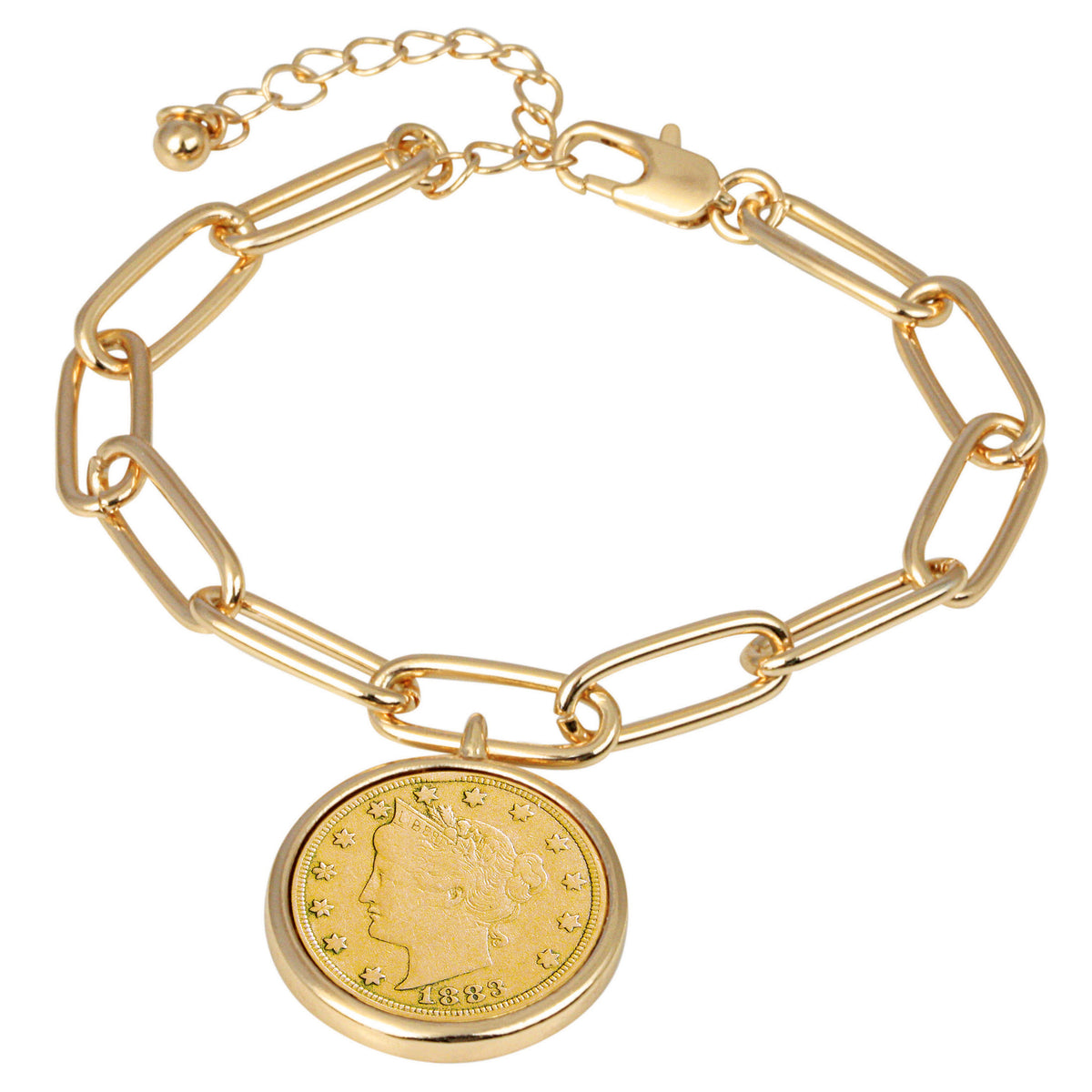1883-1912 Minted Gold Layered Liberty Nickel Coin Gold-tone Elongated Link Bracelet