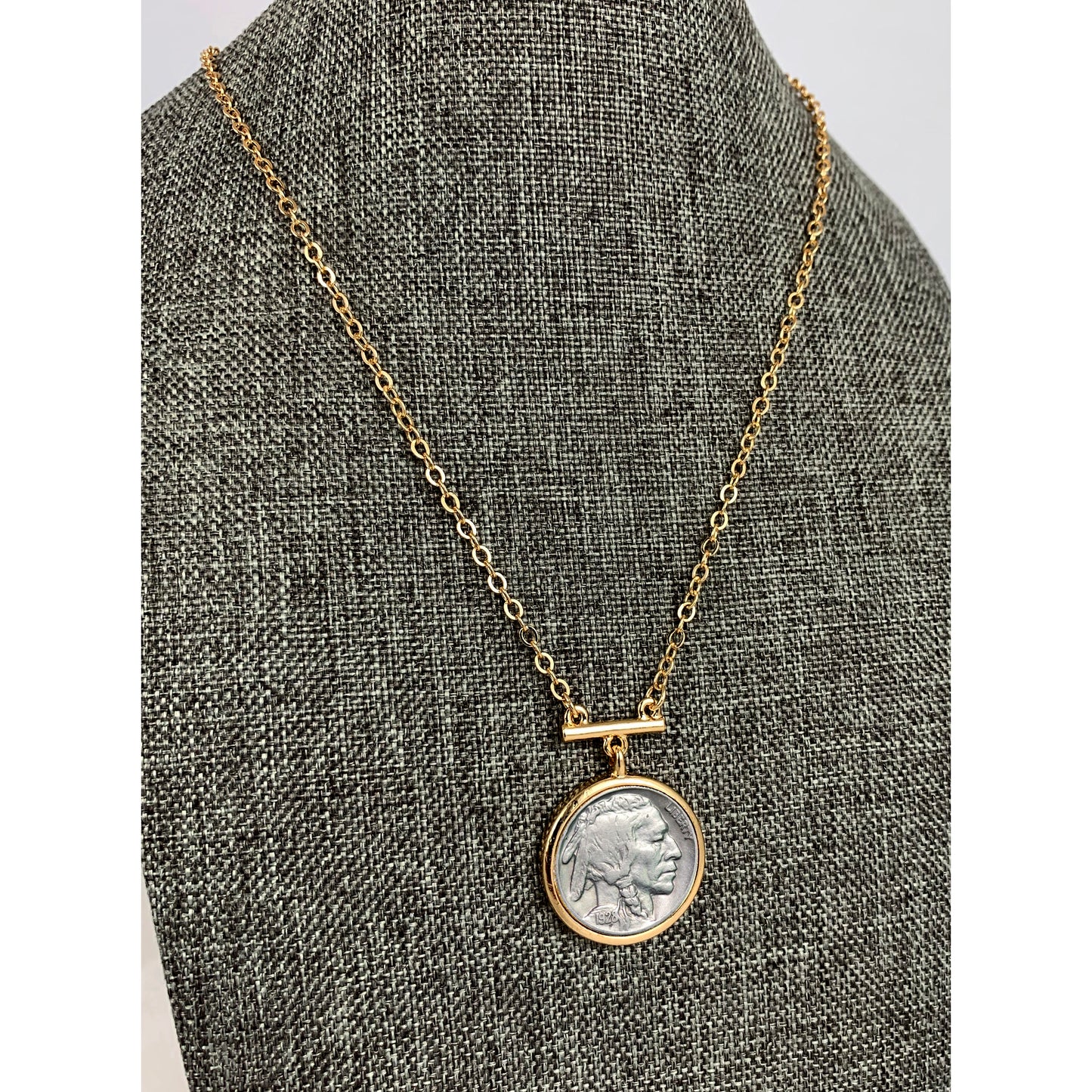 Buffalo Nickel Coin Goldtone Bar Necklace with 18-inch Chain