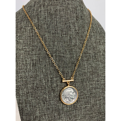 Buffalo Nickel Coin Goldtone Bar Necklace with 18-inch Chain