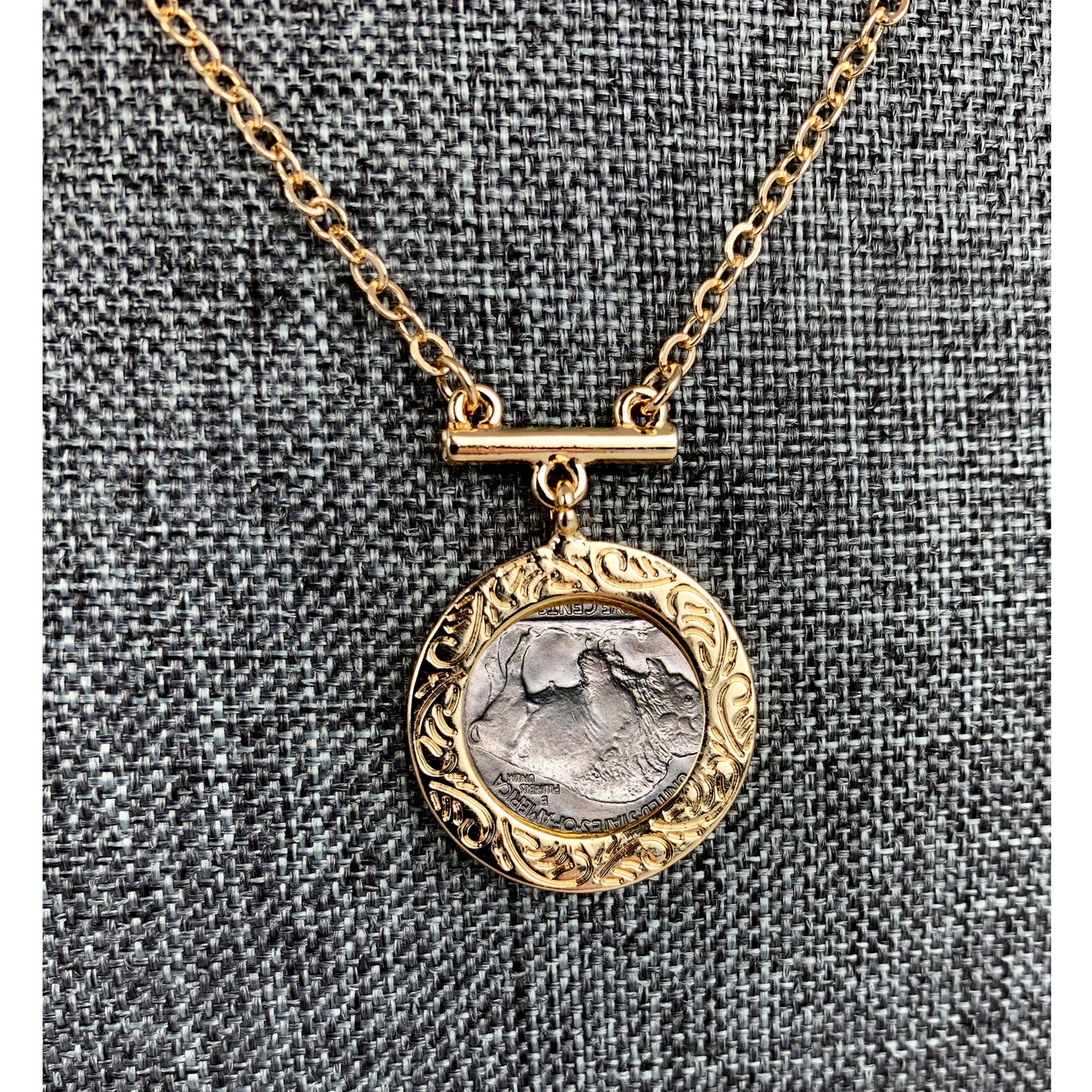 Buffalo Nickel Coin Goldtone Bar Necklace with 18-inch Chain