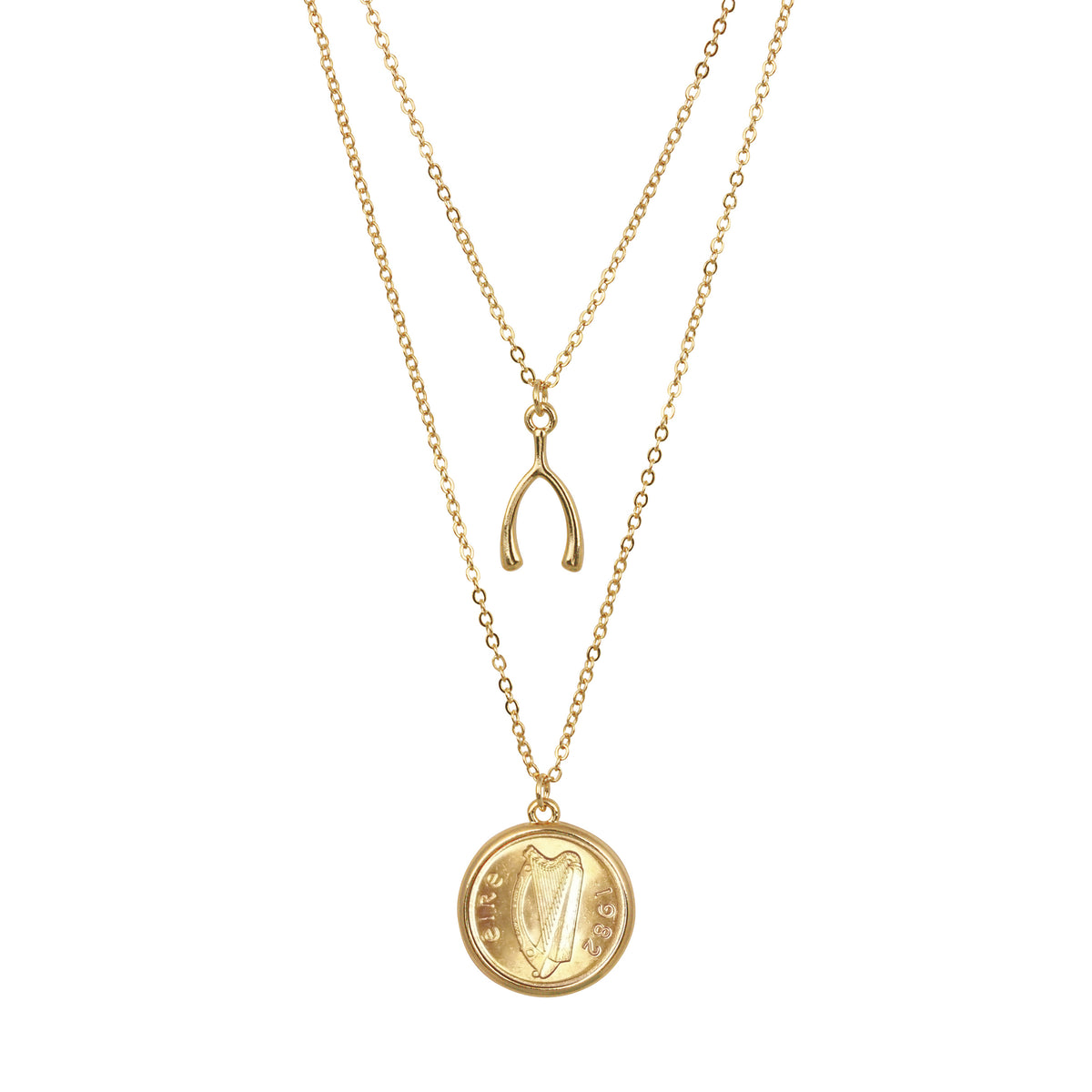 Gold Layered Irish Half Penny Harp Wishbone Double Chain Necklace