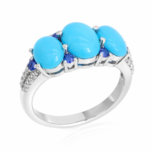 Sterling Silver 3-Stone Sleeping Beauty Turq & Ceylon Sapphire Ring