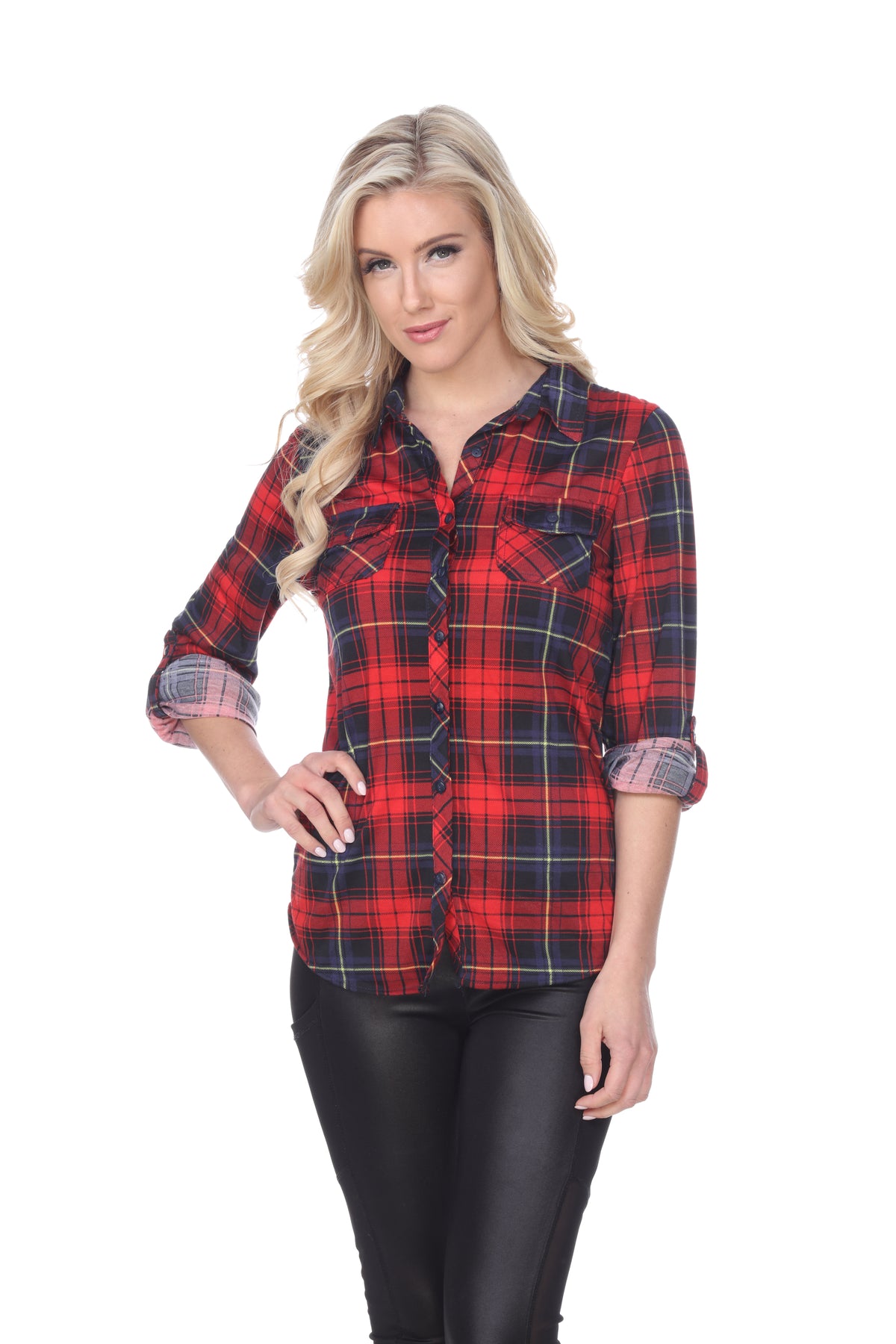 White Mark Women's Oakley Stretch Plaid Button Up Rolled Cuff Top