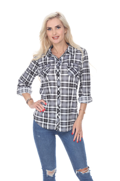 White Mark Women's Oakley Stretch Plaid Button Up Rolled Cuff Top